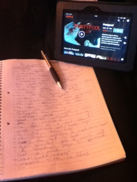 The essential tools. Notepad, pen, Kindle. (Don't worry: Pontypool is coming up on the blog.)