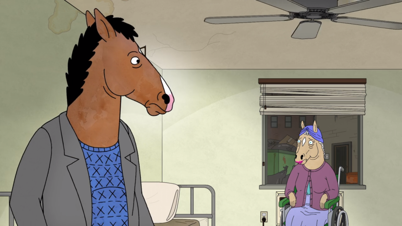 an animated horse looks back at another horse, who is looking sadly from a wheelchair