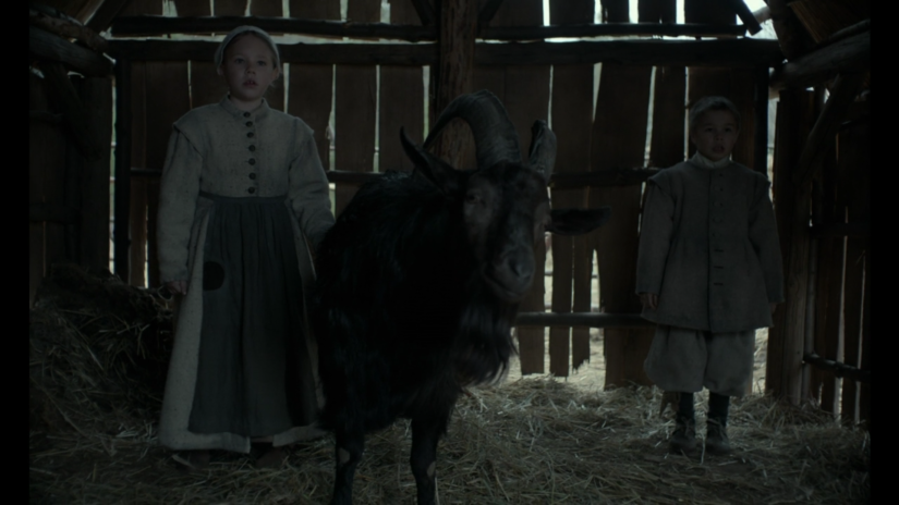 two young children stand in a darkened barn with a black goat
