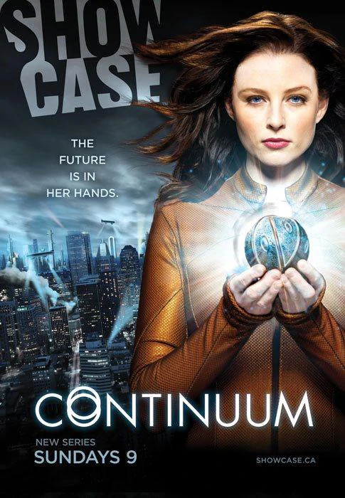 Promotional poster for the TV show Continuum shows a woman holding a small glowing sphere with a stormy cityscape behind her.